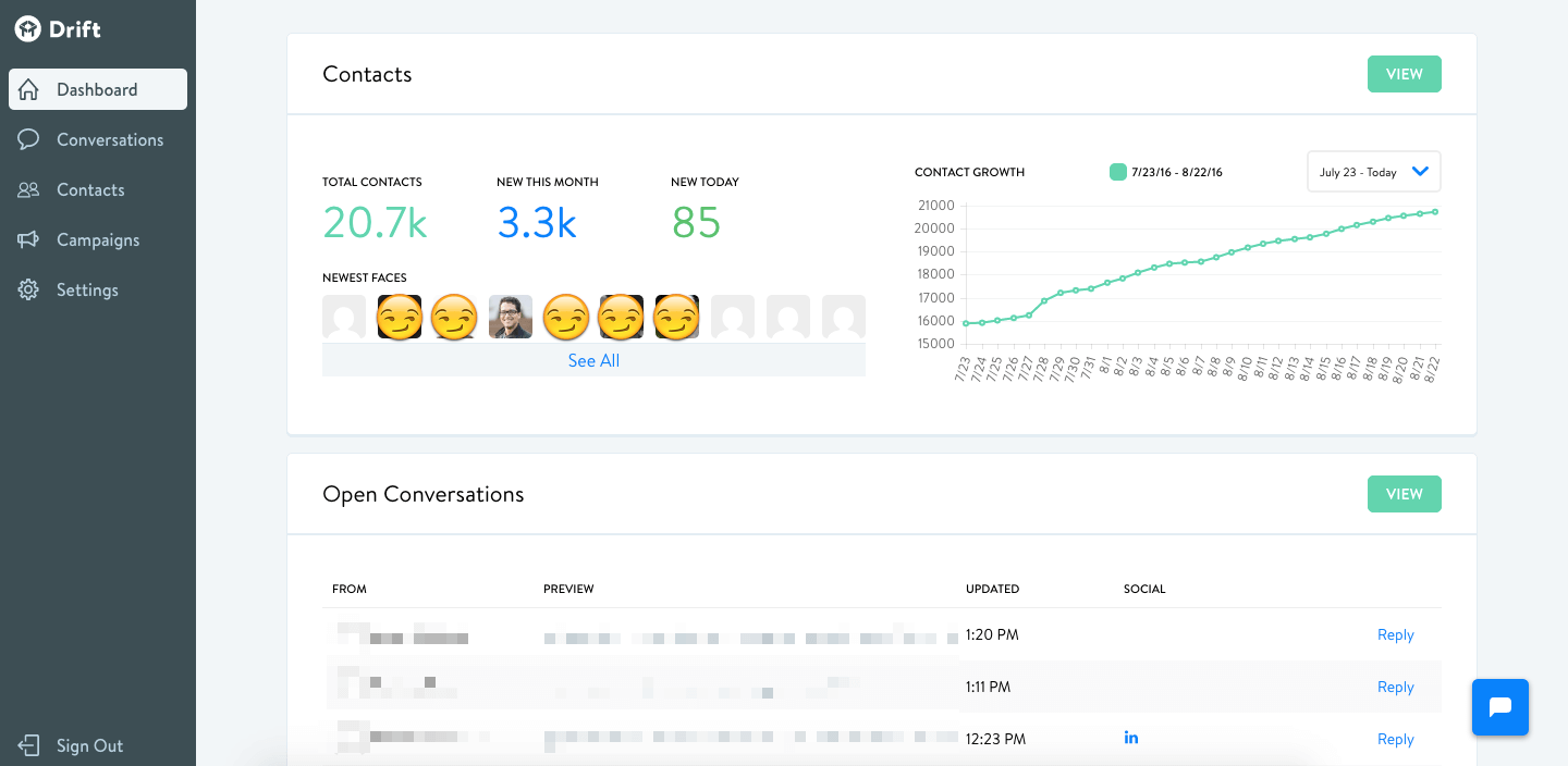 drift helpdesk software main dashboard