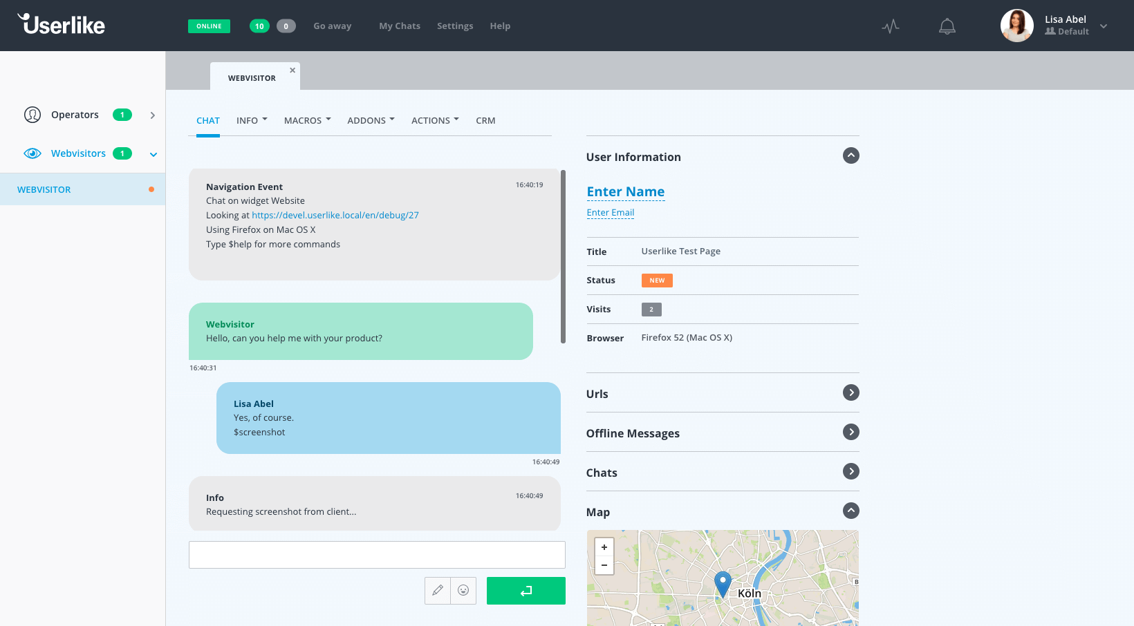 userlike helpdesk software main dashboard