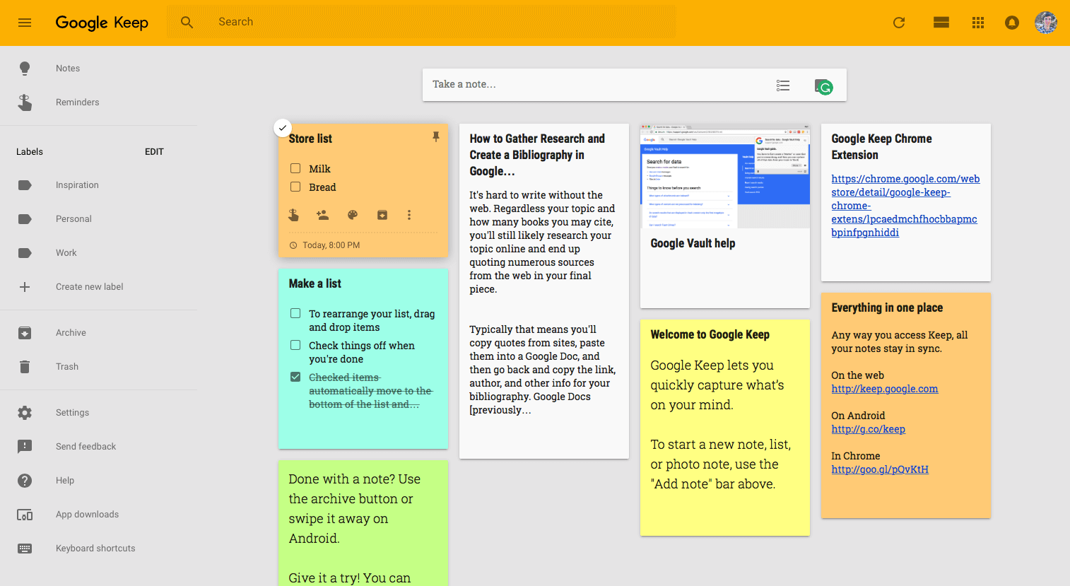 google keep main interface