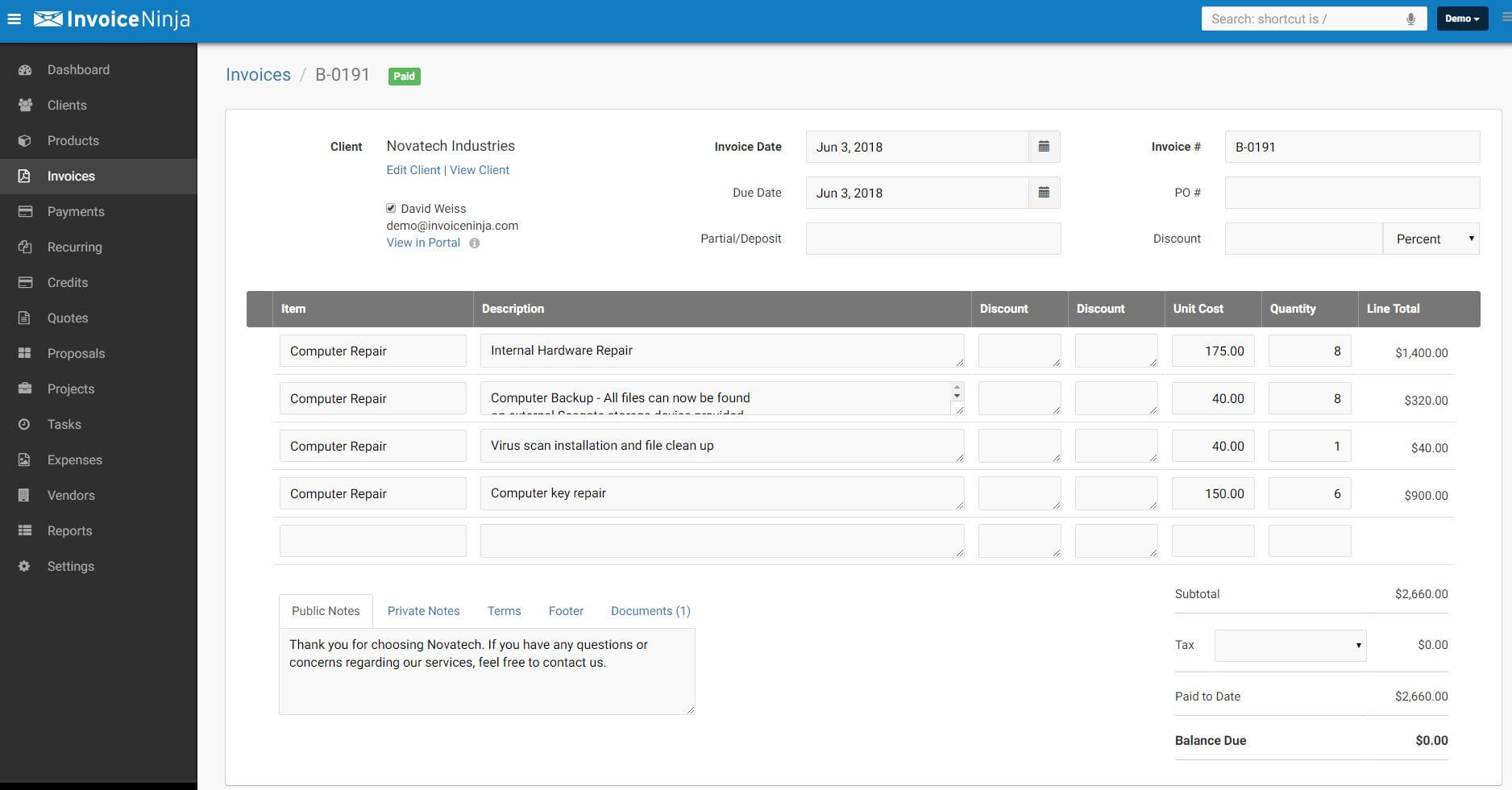 invoice ninja main dashboard