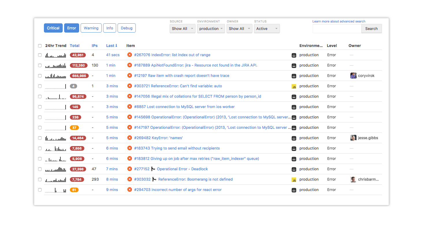 rollbar bug tracker main dashboard